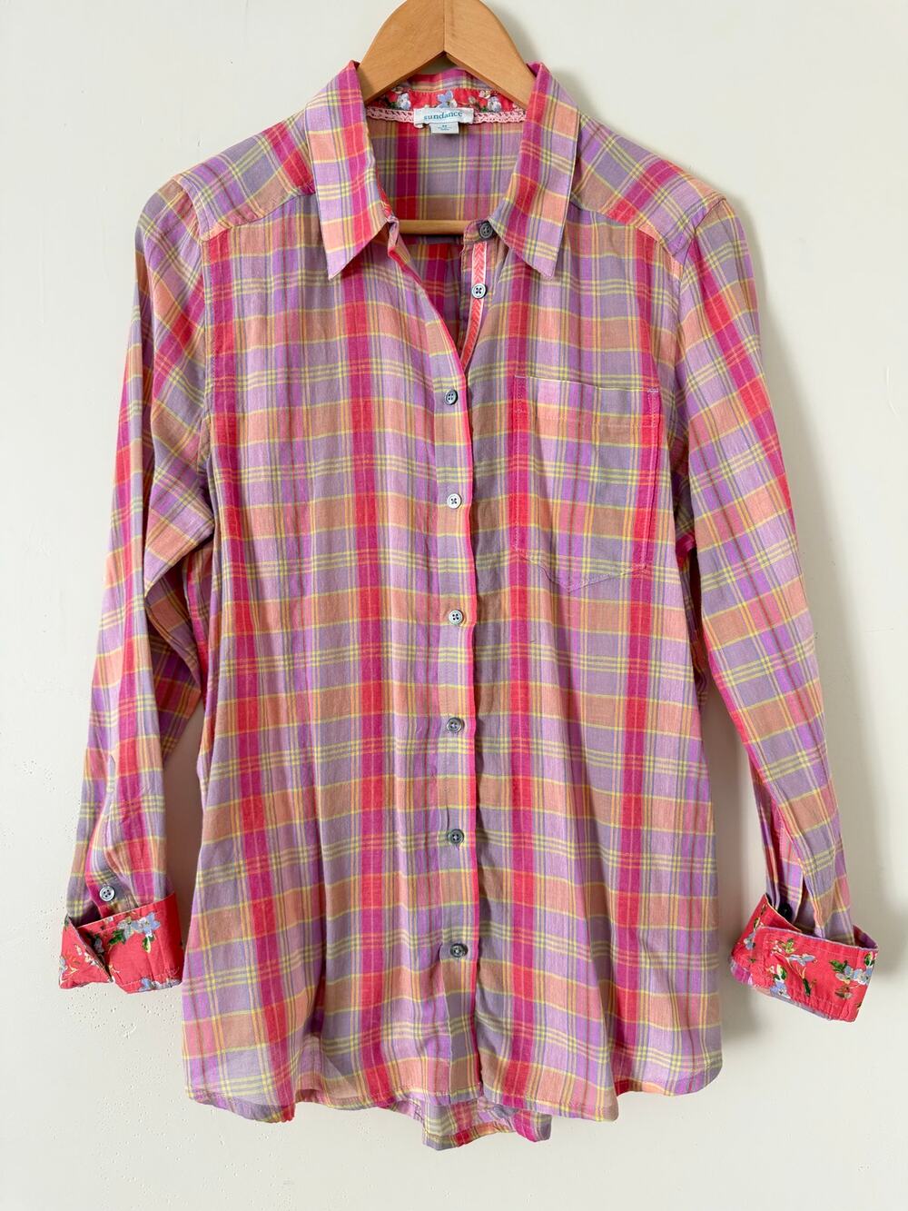Sundance Catalog Plaid Buttondown Women's Top Shirt Pink Flip Cup M Cotton